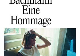 Ausstellungsplakat mit dem Sujet von Bachmann, sitzend mit der Hand am Kopf
