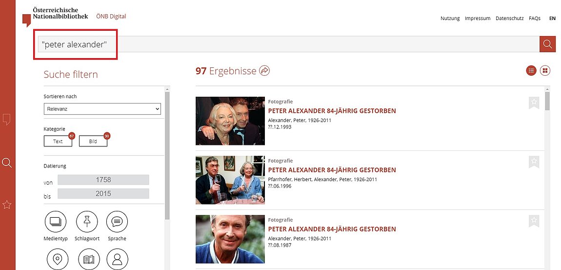 Suche in ÖNB Digital nach Peter Alexander