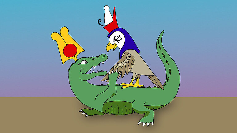 Bunte Grafik von einem Falken und einem Krokodil. 