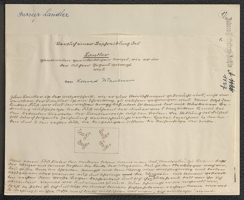Handbeschriebener Zettel mit Zeichnung von Tanzschritten.