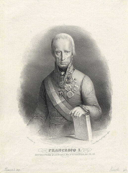 Schwarzweiß-Porträt von Kaiser Franz I. mit Buch