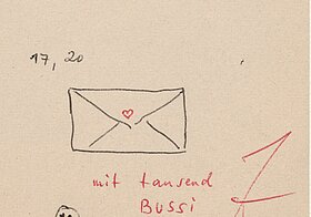 Detail, Manuskript FÜR ERNST mit Zeichnungen und Texten auf vergilbtem Papier.
