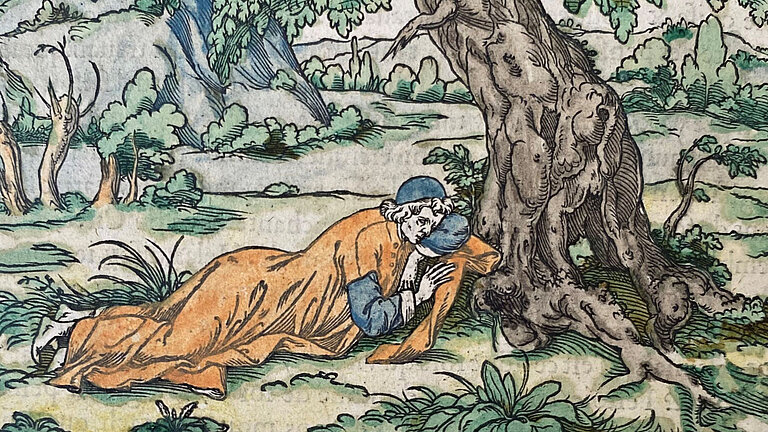 Illustration einer im Wald am Bauch liegenden Person in orangen Gewändern.