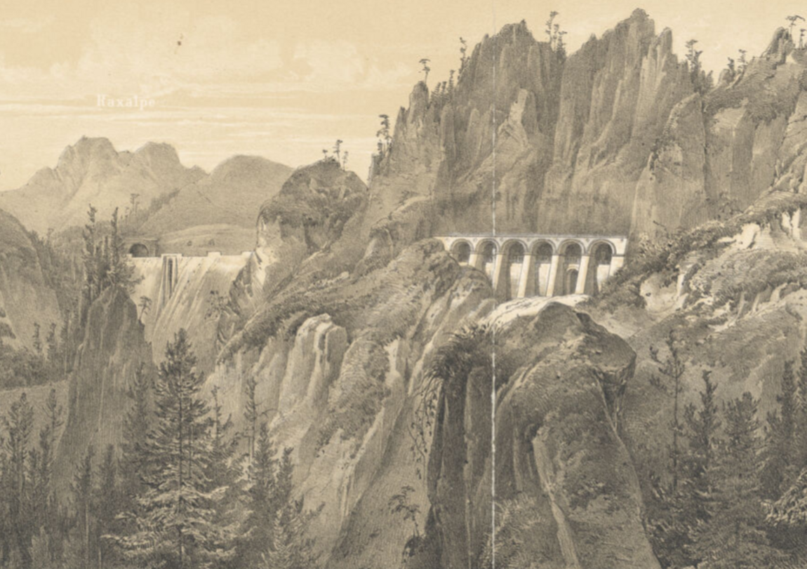 Zeichnung von Viadukt an Bergwand.
