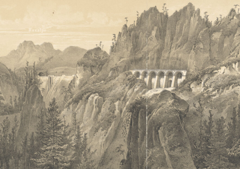 Zeichnung von Viadukt an Bergwand.