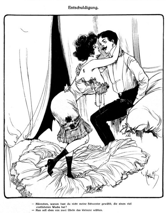 Illustration von einer Person in einem Unterkleid mit Corsage, die ihre Arme um eine weitere Person legt.