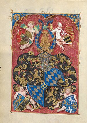Abb. 1. Bl. 1v: Wappen des Pfalzgrafen Johann II. von Pfalz-Simmern (1492–1557) und seiner Vorfahren. Albrecht Glockendon, Gebetbuch, Nürnberg 1534/1535. Wien, ÖNB, Cod. 1880