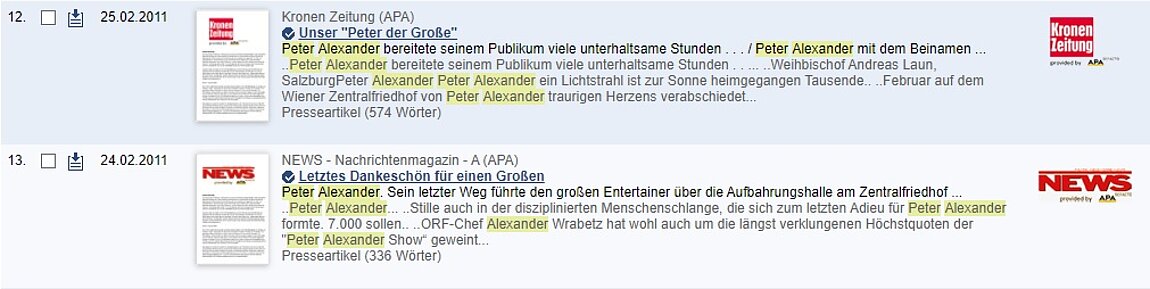 Nachrufe auf Peter Alexander in der Datenbank WISO