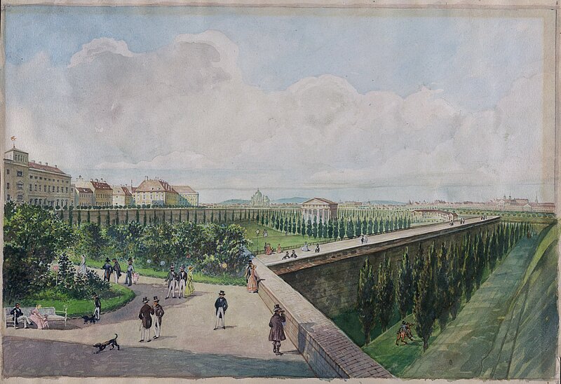 Aquarellbild eines Kaisergartens mit dort spazierenden Menschen und einer großen Burg im Hintergrund.