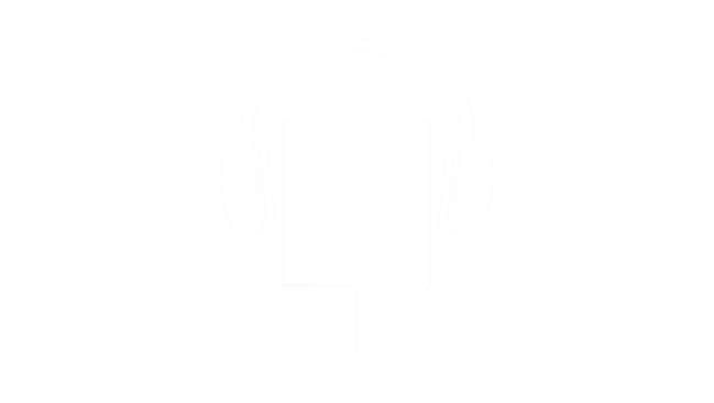rote Grafik mit weißem Logo mit Kopfhörern