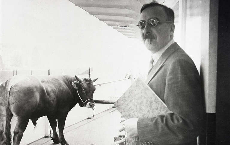 Stefan Zweig auf der Fahrt von Brasilien nach Argentinien. Neben ihm, ein Stier. 