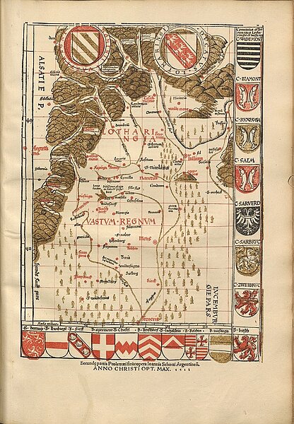 Alte Karte mit Wald im Norden, am Rand sind Wappen gezeichnet