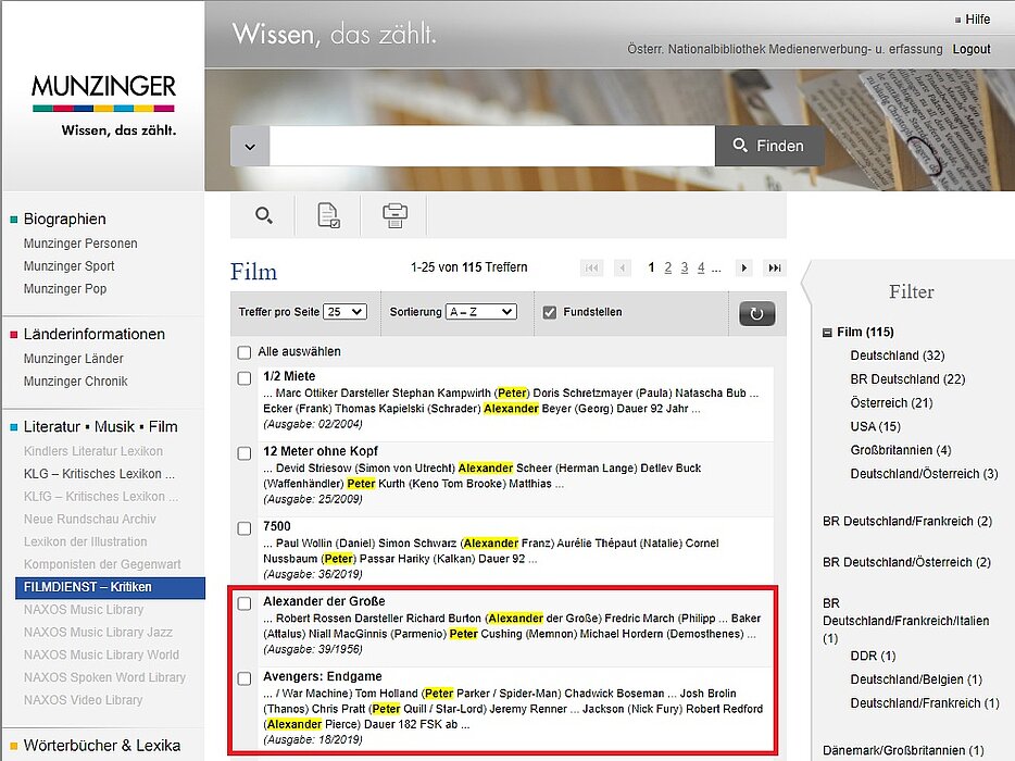 Screenshot der Datenbank MUNZINGER 