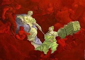 Ein Teil eines Deckenfreskos auf dem alles rot gefärbt ist bis auf zwei Frauen und ein Gebäude.