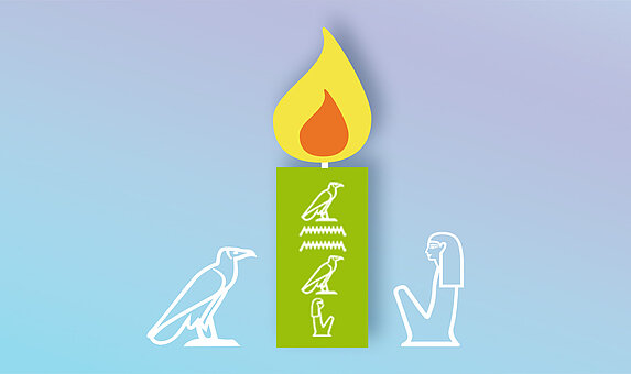 Grafik von grüner Kerze mit eingeritzten Hieroglyphen, die einen Vogel und eine sitzende Person zeigen