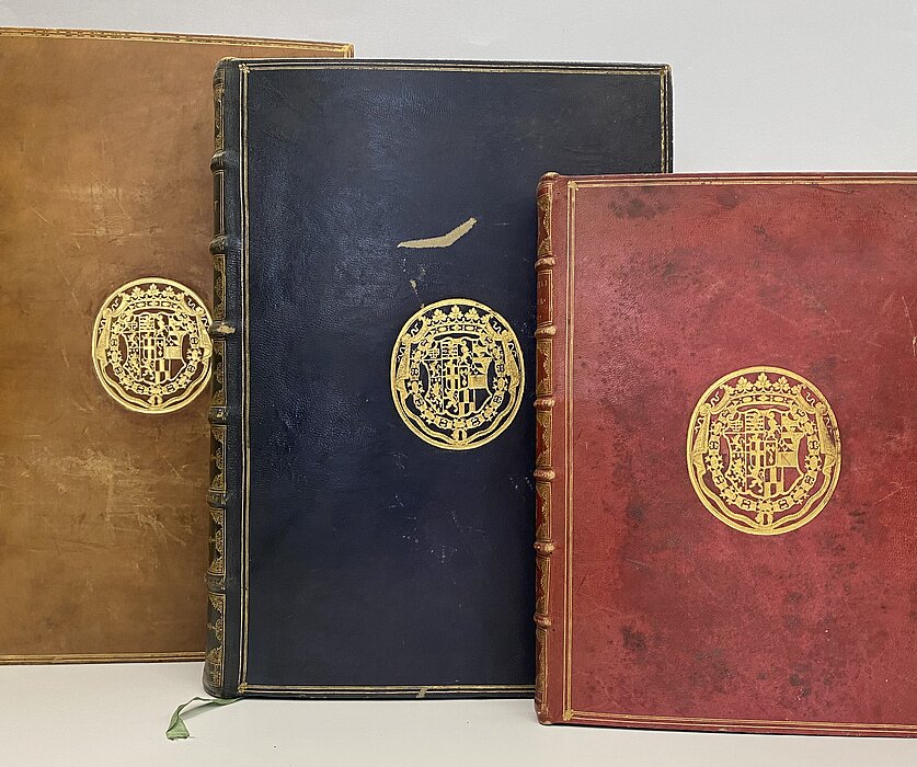 Foto von drei alten Büchern in gelbem, blauem und rotem Leder mit goldenem Wappen.