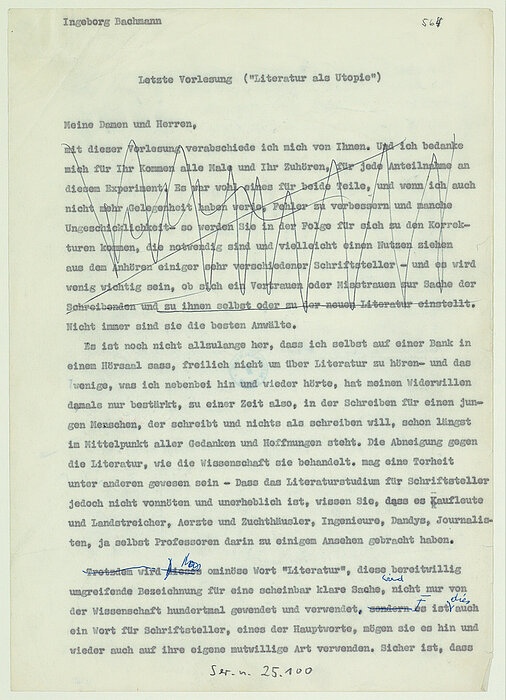Getippte Seite - Typoskript - von Ingeborg Bachmann