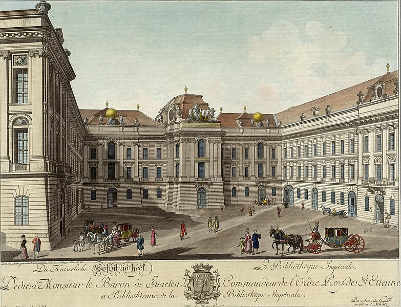 Bunte Zeichnung von Menschen und Kutschen auf dem Josefsplatz
