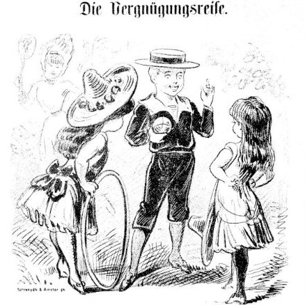 Zeichnung von zwei Mädchen, die einen Jungen mit Hut ansehen, darüber steht "Vergnügungsreise"