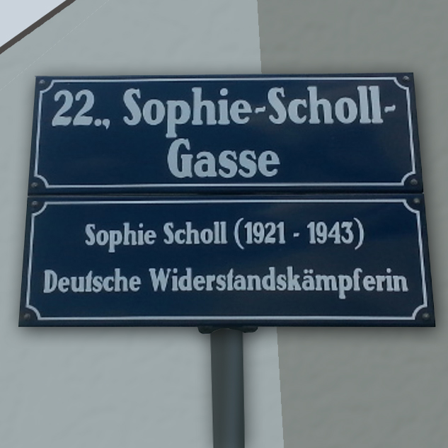 Straßenschild der Sophie-Scholl-Gasse im 22. Wiener Gemeindebezirk