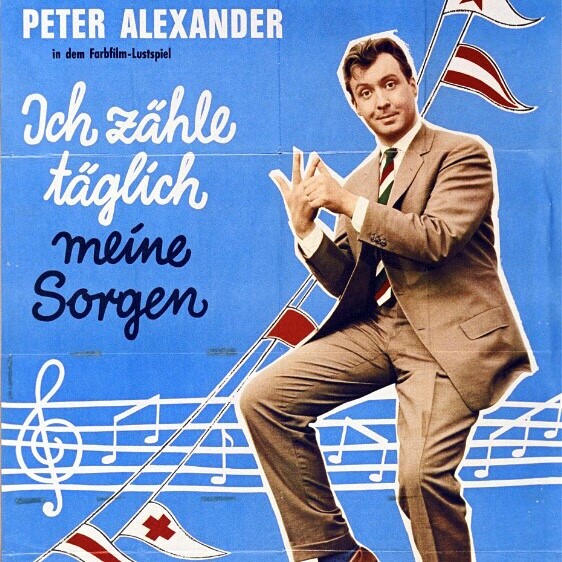 Filmplakat zum Film "Ich zähle täglich meine Sorgen". Peter Alexander sitzt auf einem Notenblatt und zählt mit den Fingern bis 3.