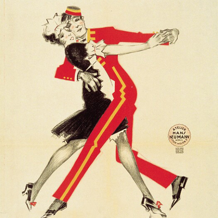 Plakat mit Tanzpaar in Bediensteten-Kostümen