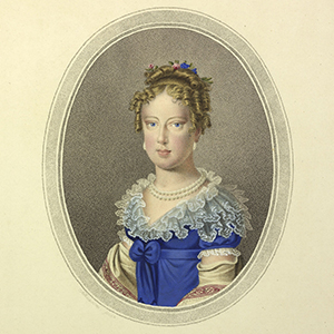 Gemälde von junger Frau in blauem Kleid mit Rüschenkragen