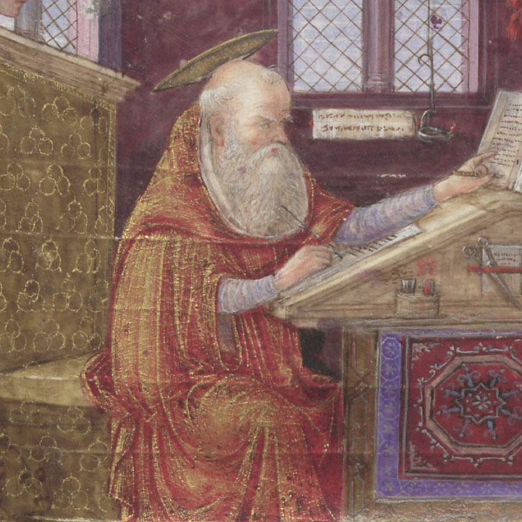 Zeichnung von bärtigen Mann beim Schreiben an einem Tisch in rot-goldenem Tuch