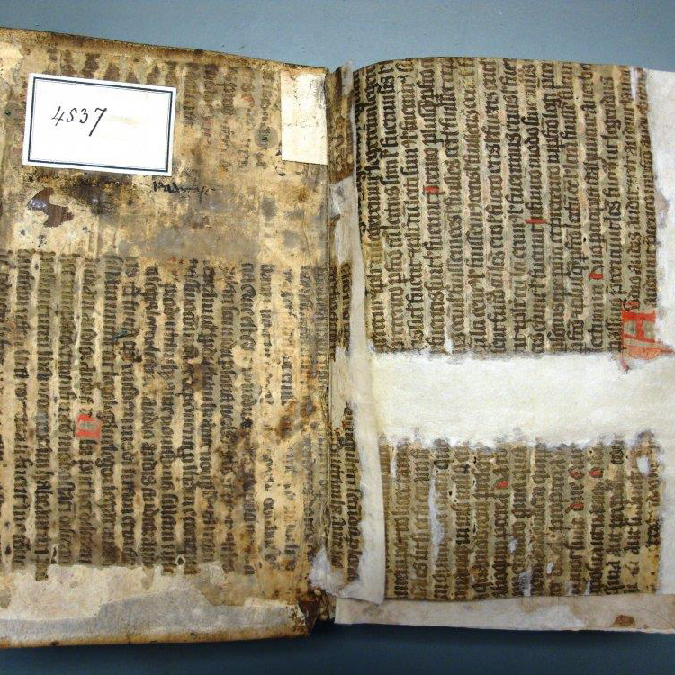 Foto eines alten Buchs, bei dem Teile des Pergaments mit hellerem Papier repariert wurden