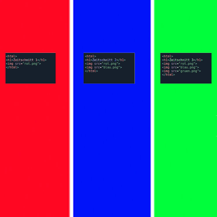 Drei vertikale Streifen in Rot, Blau und Grün.