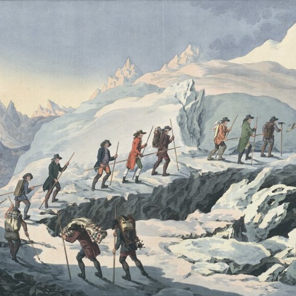 Eine Reisegruppe besteigt einen Gletscher
