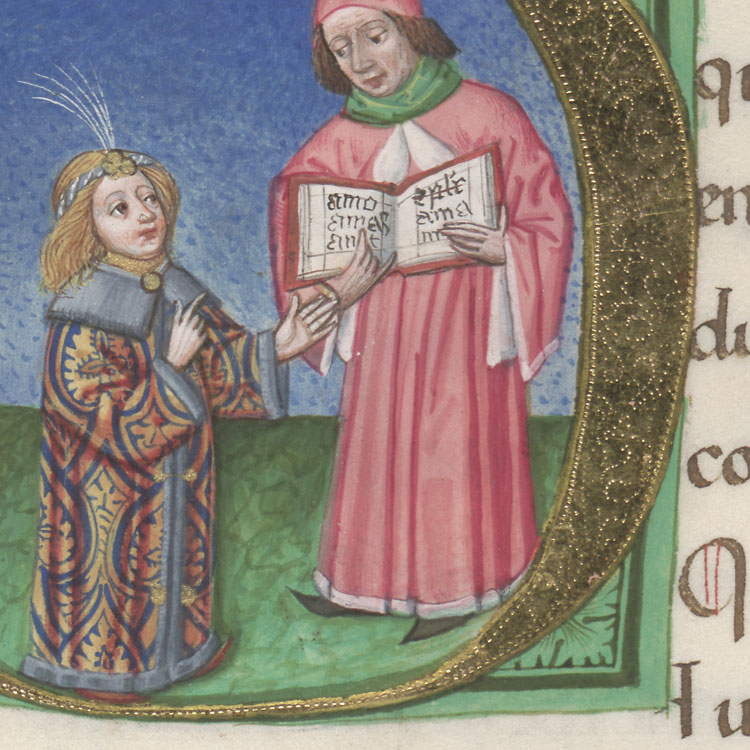 Maximilian mit seinem Lehrer, der ein Buch mit Formen des lateinischen Worts amare hält (Lehrbuch Maximilians, Cod. 2289 fol. 26r, Detail)