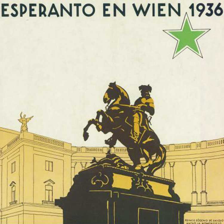 Grafik, Reiterstandbild vor der Österreichischen Nationalbibliothek mit grünem Stern