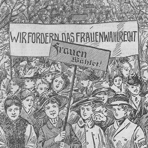 Schwarz-weiß Zeichnung, Szene einer Kundgebung, Frauen mit Schildern