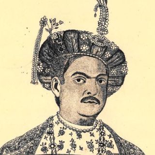 Gezeichnetes Portrait von Apurva Krishna, Mann in edlem Gewand mit Kopfbedeckung