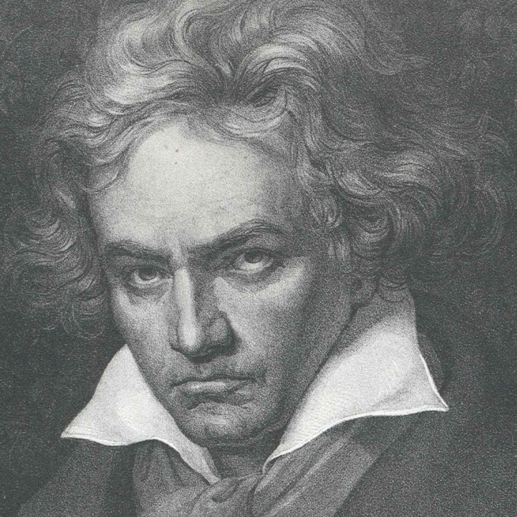 Ein Porträt von Ludwig van Beethoven, Mann mit längeren Haaren und breitem Kragen, schwarz-weiß