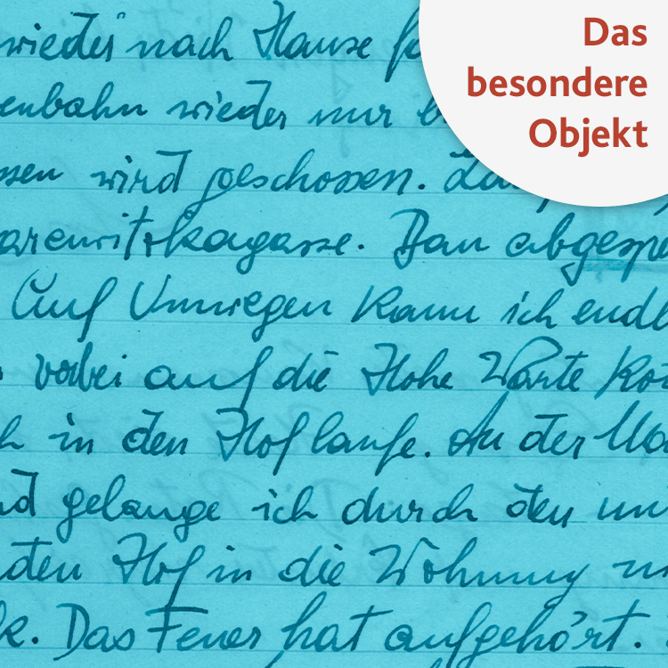 Kursive Handschrift auf liniertem Papier, türkis eingefärbt, im Eck steht "Das besondere Objekt"