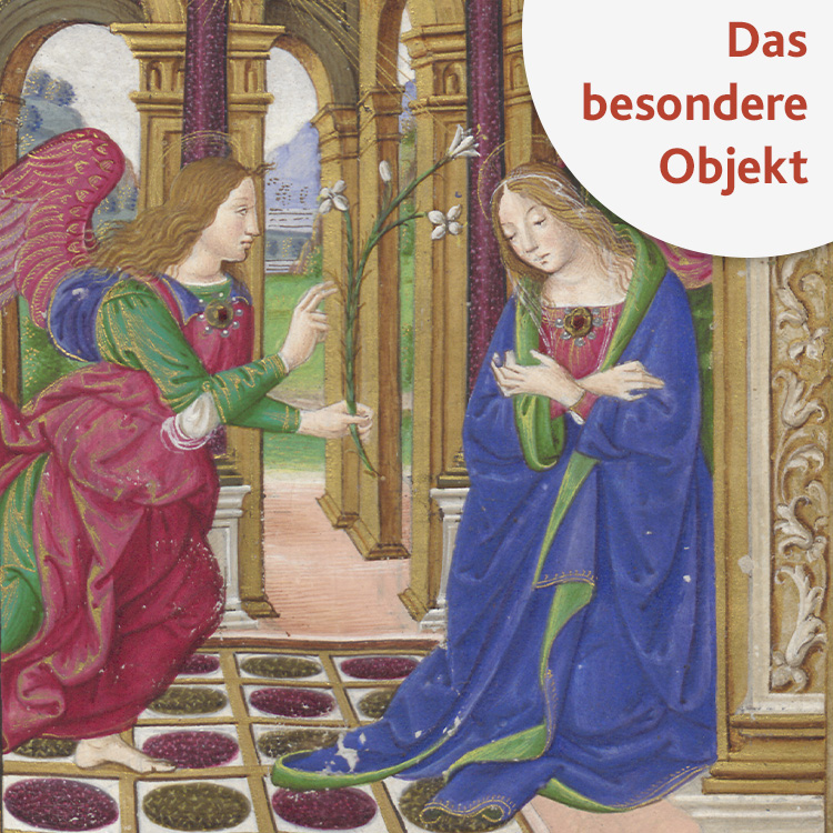 Mittelalterliche Zeichnung von einer Frau und einem Engel, im Eck steht "Das besondere Objekt"