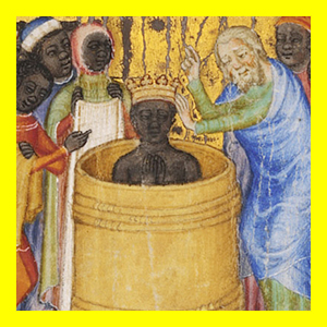Zeichnung, schwarzer Mann mit Krone steckt in einem Bottich, ein weißer Mann hält seine Hände über ihn