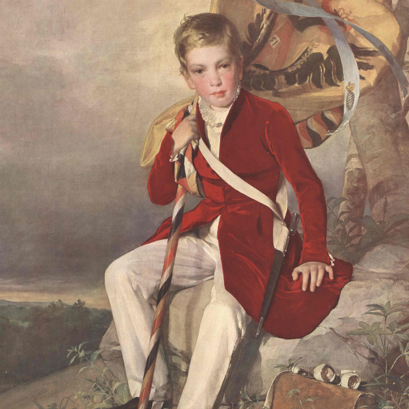 Gemälde von Kaiser Franz Joseph I als Kind mit roter Jacke, eine Flagge tragend