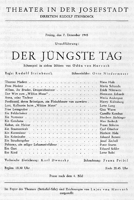 Abb. 2: Theaterzettel zur Aufführung von »Der jüngste Tag« (Theater in der Josefstadt, Wien, Dezember 1945). [ÖLA]. In: Sichtungen 2, S. 59