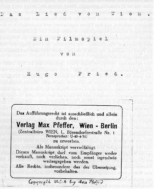 Abb. 1: Hugo Fried: Das Lied von Wien, maschinschriftliche Reinschrift, Ausschnitt aus dem Deckblatt mit Aufkleber des Verlags Max Pfeffer. [ÖLA]. In: Sichtungen 2, S. 68